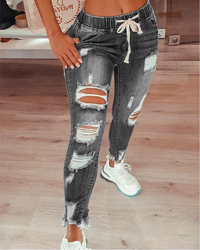 European & American High-Waisted Ripped Skinny Jeans for Women with Elastic Waist & Drawstring