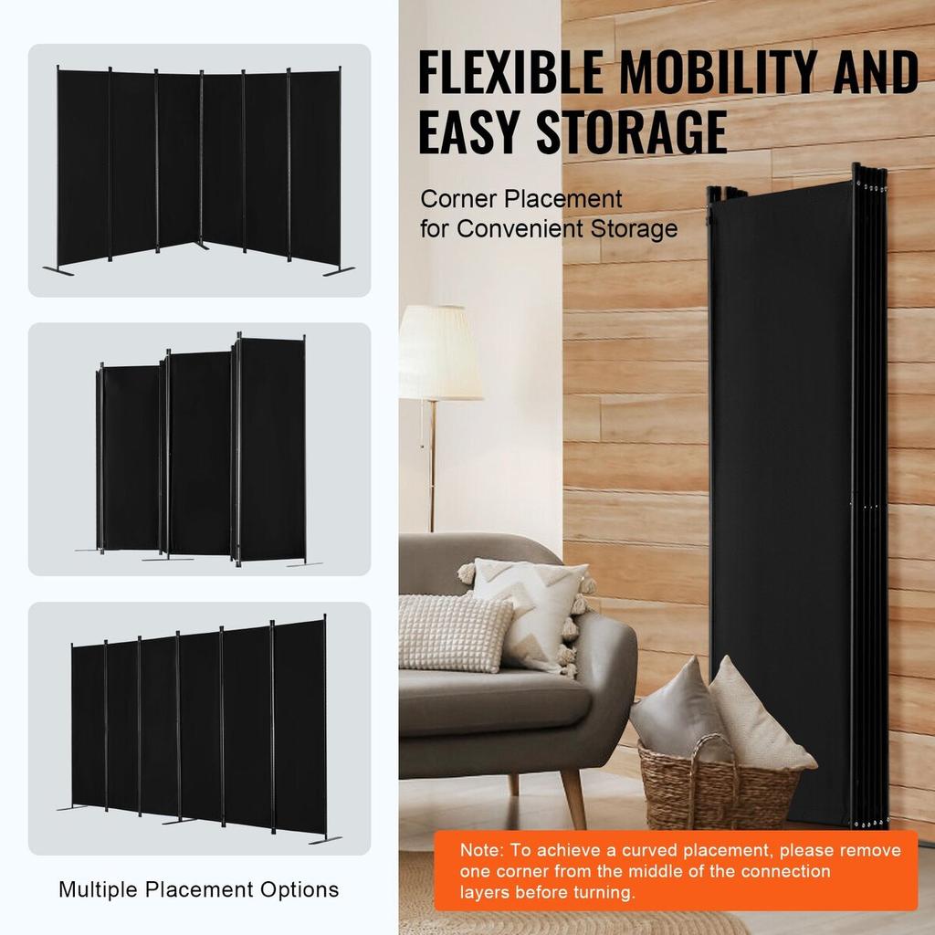 Room Divider 6 Panels Fabric Room Privacy Screen for Office Bedroom Black