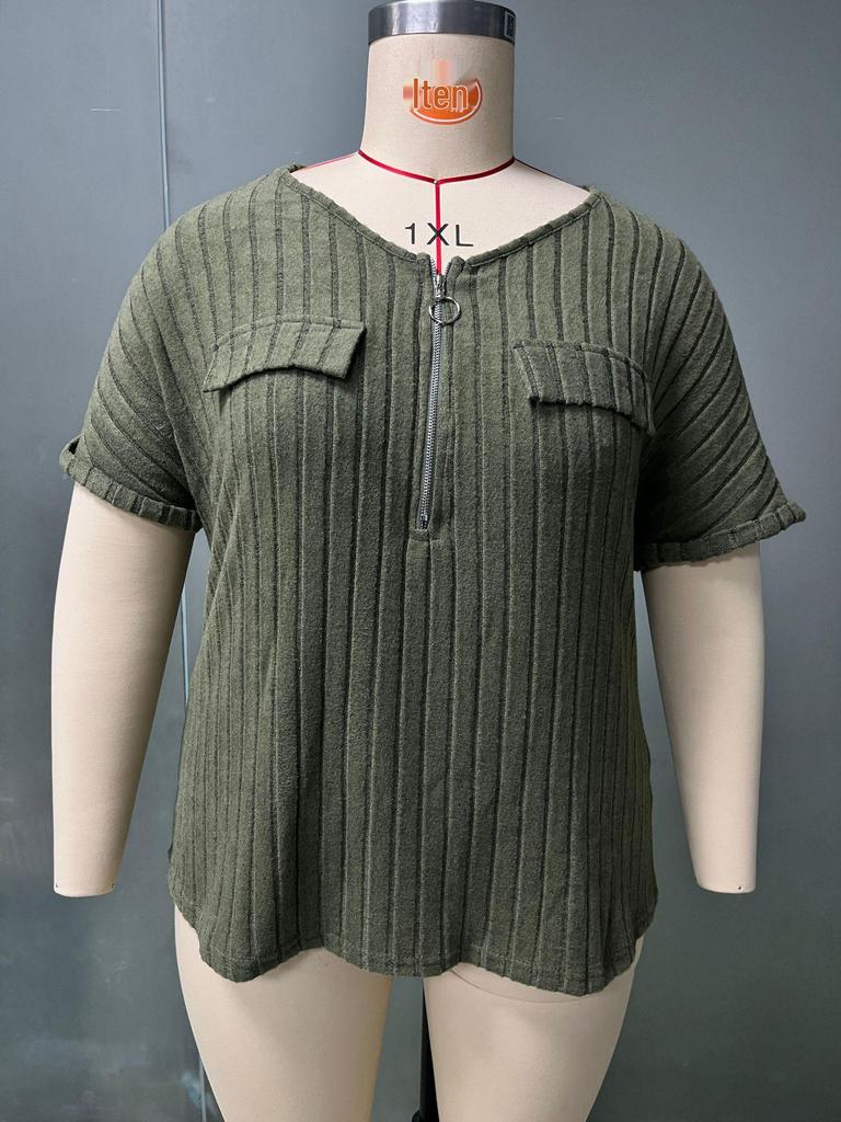 2025 Spring/Summer Plus Size Women's Solid Color Zipper Short Sleeve Loose Pullover Top