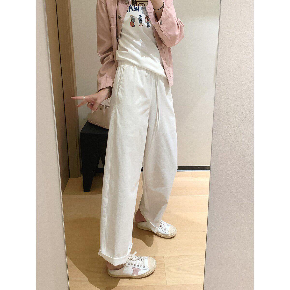 

2026 Spring White Quick-Dry Casual Trousers: Wrinkle-Resistant, Loose Fit, Straight-Leg for Women Large белый