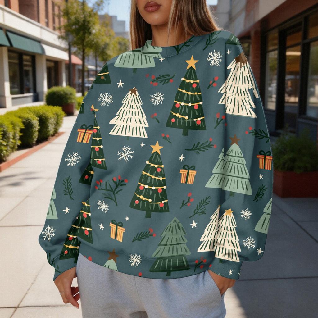 Damen Trendy Weihnachtsdruck Rundhals-Sweatshirt Leichtes Lässiges Pullover-Oberteil