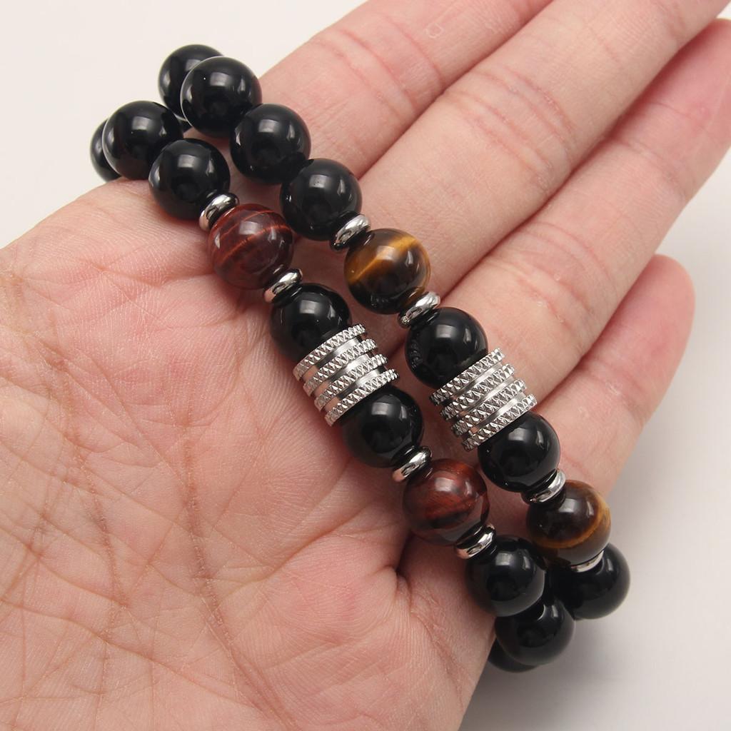 Tiger Eye Stone Black Onyx Stainless Steel Men Women Adjustable Cord Bracelet With Geometric Design For Travel Gift