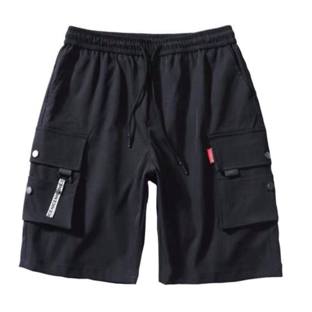 Summer Men Elastic Waistband Drawstring Shorts Multi Pockets Solid Color Straight Wide Leg Mid-rise Sport Cargo Shorts Streetwear