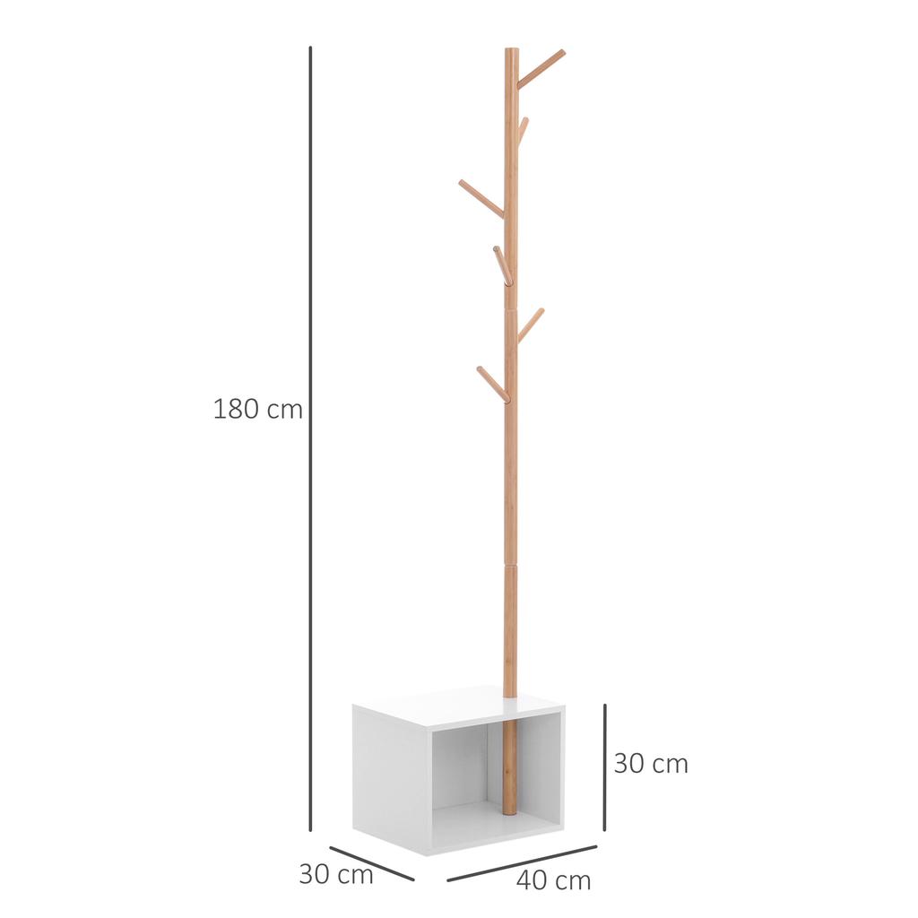 2-in-1 Coat Rack and Storage Unit, White MDF, Solid Wood & Bamboo, 40x30x180cm