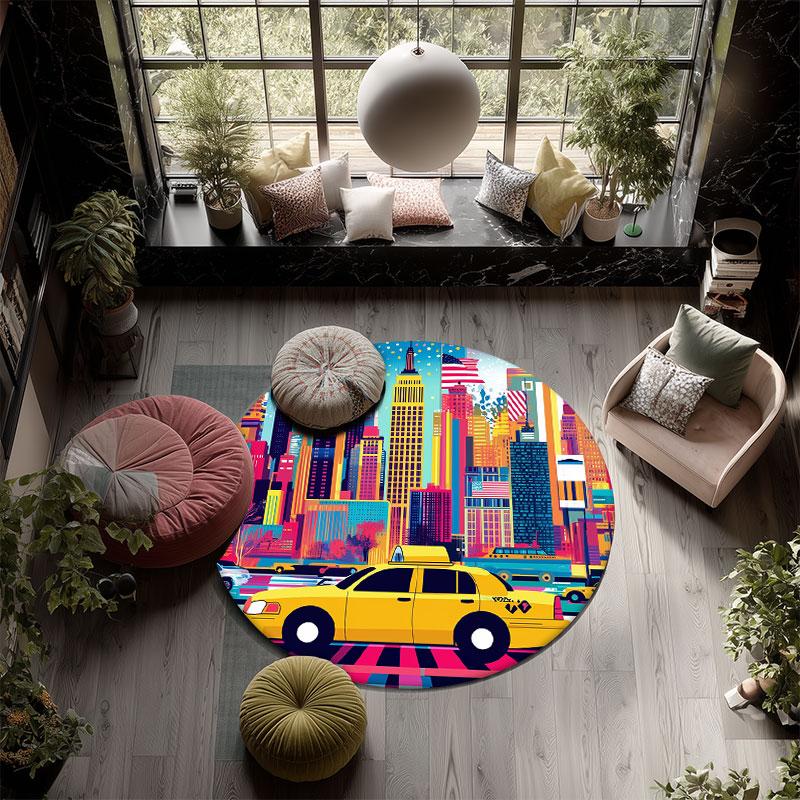 Architecture pattern round rug,Carpet Rug for Living Room Bedroom Playroom ,Non-slip Floor Mat,Holiday Gifts and Birthday Gifts.
