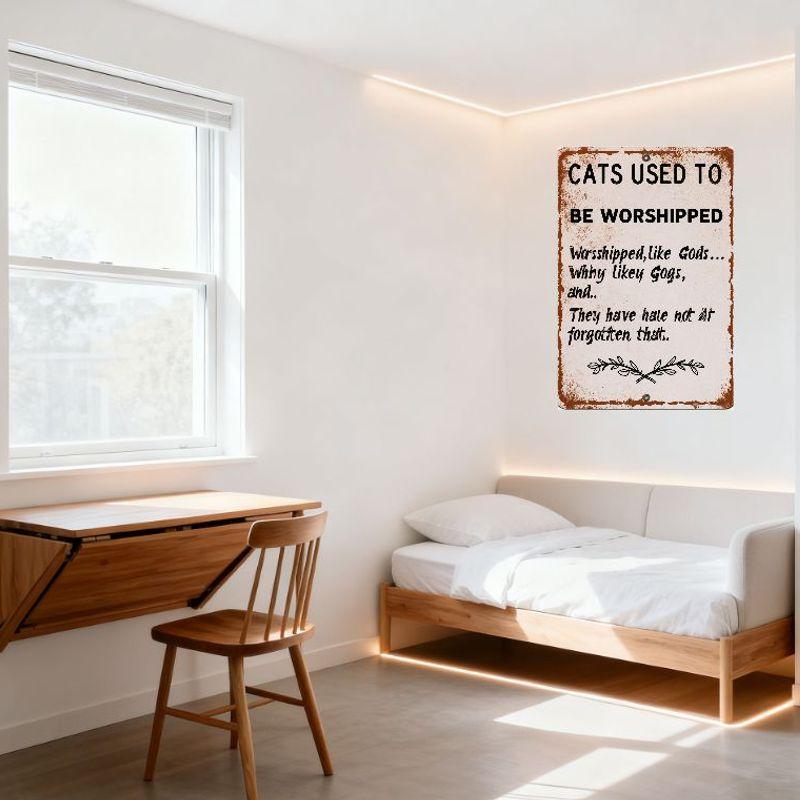 Vintage 'Cats Used to Be Worshipped' Metal Tin Sign - Rustic Aged Look, Wall Decor for Home, Bar, Cafe - Handwritten Text, Cross