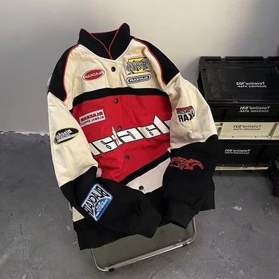 Unisex Vintage Racing Jacket Patchwork Print Button Up Casual Bomber Coat