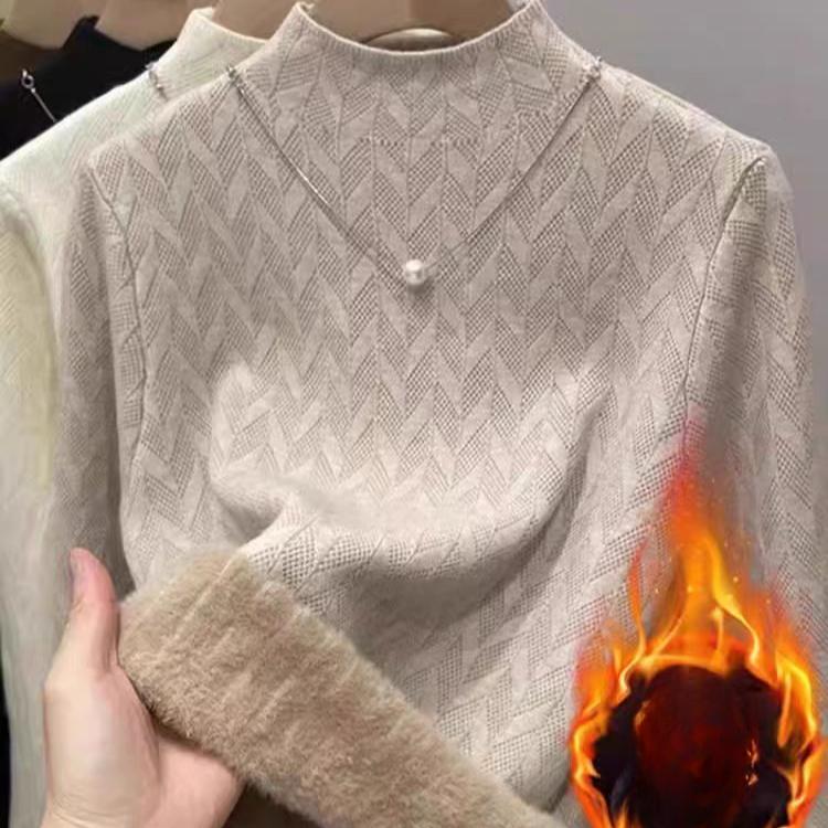 Women's One-piece Velvet Warm Semi High Neck Knitted Sweater with Long Sleeves Inside Casual Loose Pullover for Autumn and Winter