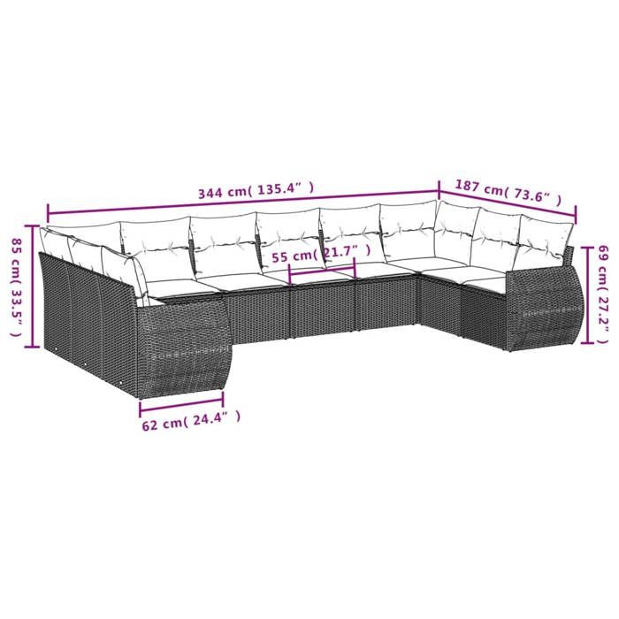 VidaXL Salon de Jardin avec Coussins 11 pcs, Canapés de Terrasse, Ensemble de Meubles de Patio, Mobilier d'Extérieur, Noir 3221874