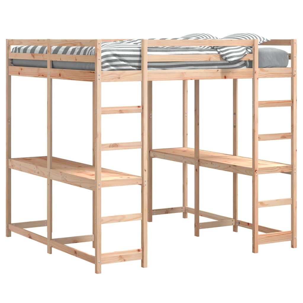 High Bed with Desk & Ladder 160 X 200 Cm Solid Pine Wood