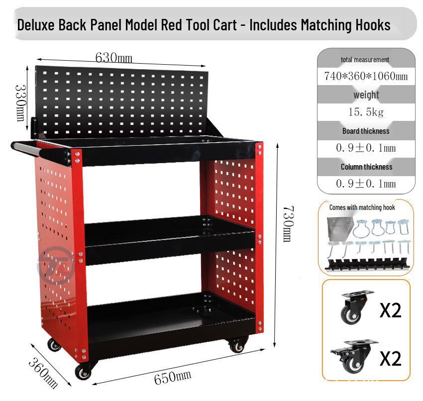 Three-Layer Tool Cart with Wheels & Pegboard - Universal Casters for Auto Repair
