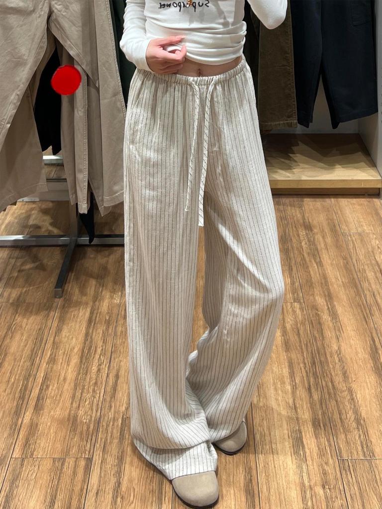 Apricot Striped Linen Wide-Leg High-Waisted Pants for Women - Slimming, Loose, and Casual for Spring 2026.