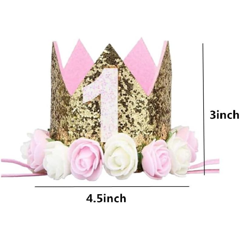 Honkenda Sparkle 1st Baby Crown Headband Hat, Glitter First Birthday Flowers Crown for Princess Girl Baby Show Toddler Photography (Pink and Gold)