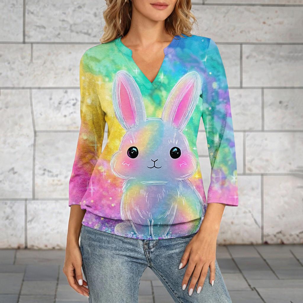 Damen 3/4 Ärmel Oberteil Saum V-Ausschnitt Sommer Freizeit T-Shirt Ostern Bedrucktes Oberteil