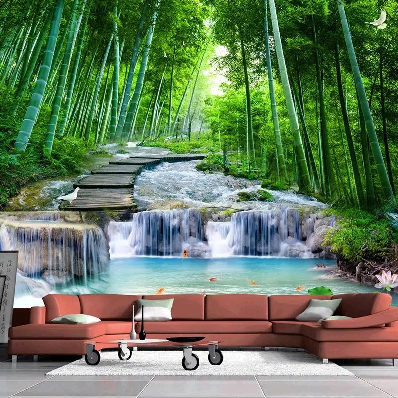 Custom 3D Photo Wallpaper Wall Painting Living Room Bedroom Bamboo Forest Wooden Bridge Stream Water Mural De Parede Waterfall