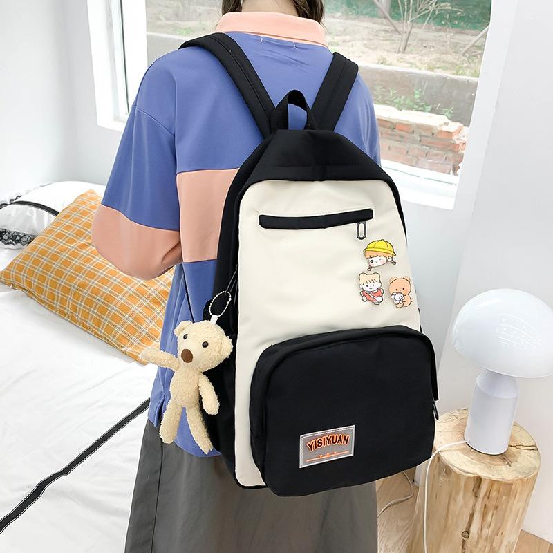 New College Student Schoolbag Women's Fashion Simple Color Matching Girls Campus Backpack Large Capacity Canvas Backpack