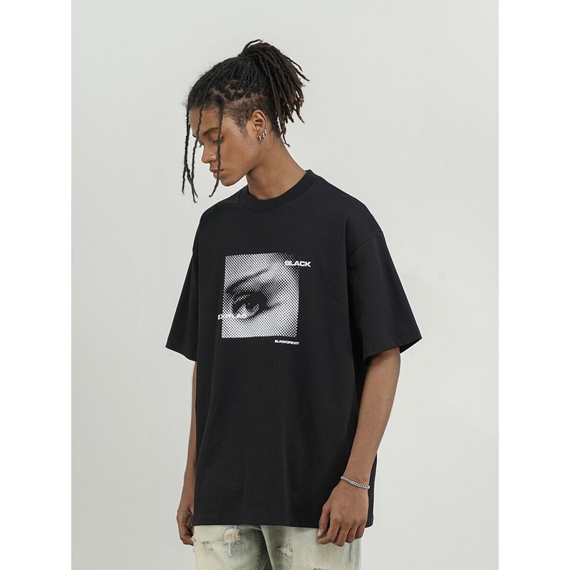 Black of Exit High Street Dark Abstract Print Loose Short-Sleeved T-Shirt for Men and Women, National Trend Niche Design Tee