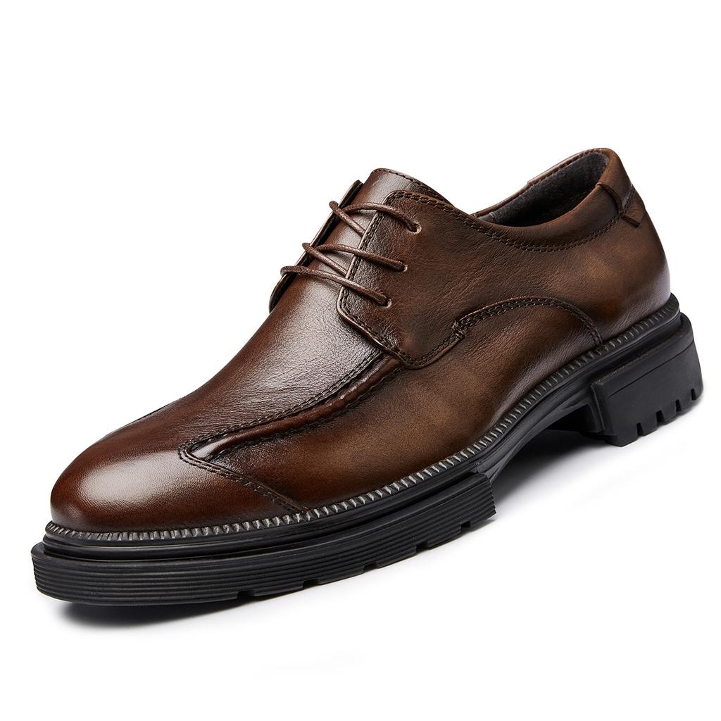 Men'S Retro Low-Top Casual Leather Shoes Spring Autumn Leather Single Shoes Business Dress British Lace-Up Men'S Shoes