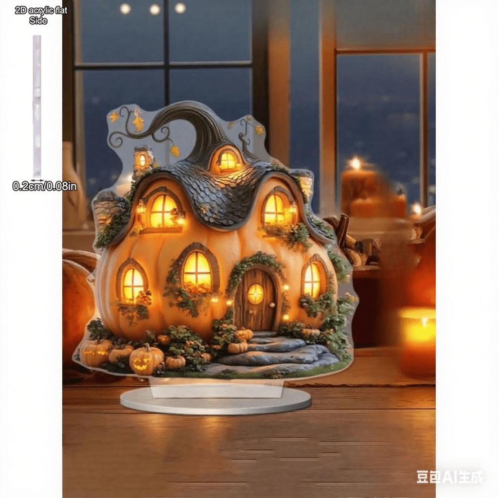 1pcs Halloween Pumpkin House Castle Bat and Ghost Acrylic Room Decoration - 2D Flat Acrylic Desktop Ornament, Four Seasons Decoration