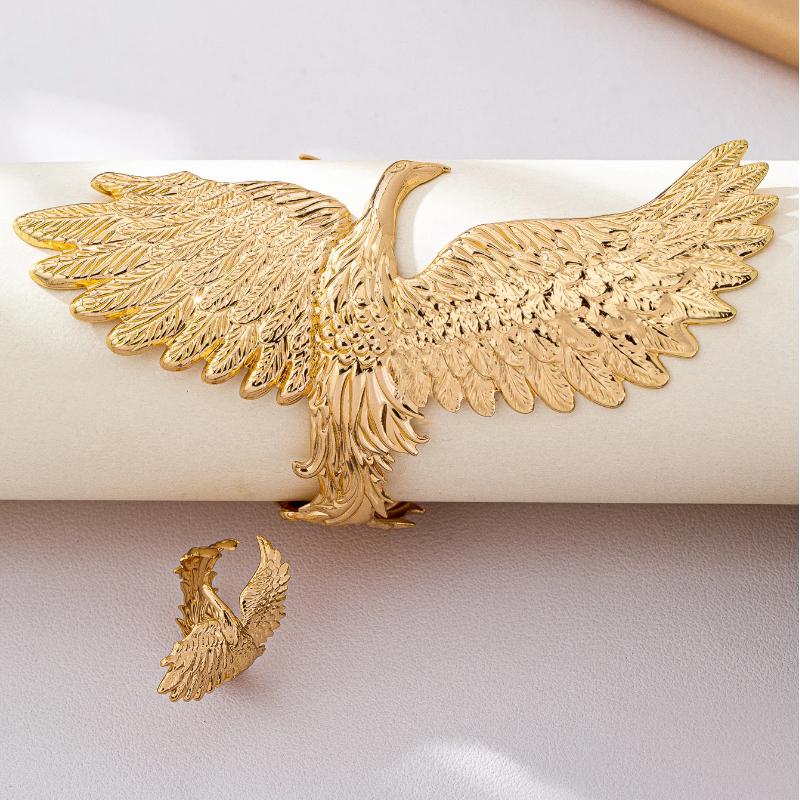 2 Pcs Gold Phoenix Cuff Bracelet Ring Set Exquisite Carved Details Adjustable Size Great For Party Prom Gift