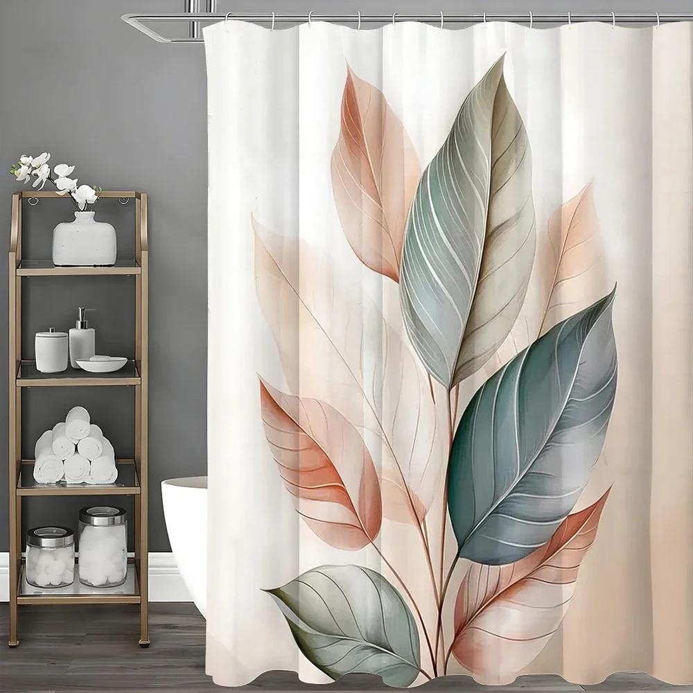 Różowa Botaniczna Zasłona Prysznicowa z Liśćmi, Kwiatowa Roślinna Dekoracyjna Zasłona Prysznicowa do Łazienki, Wodoodporna Zasłona Prysznicowa z Haczykami