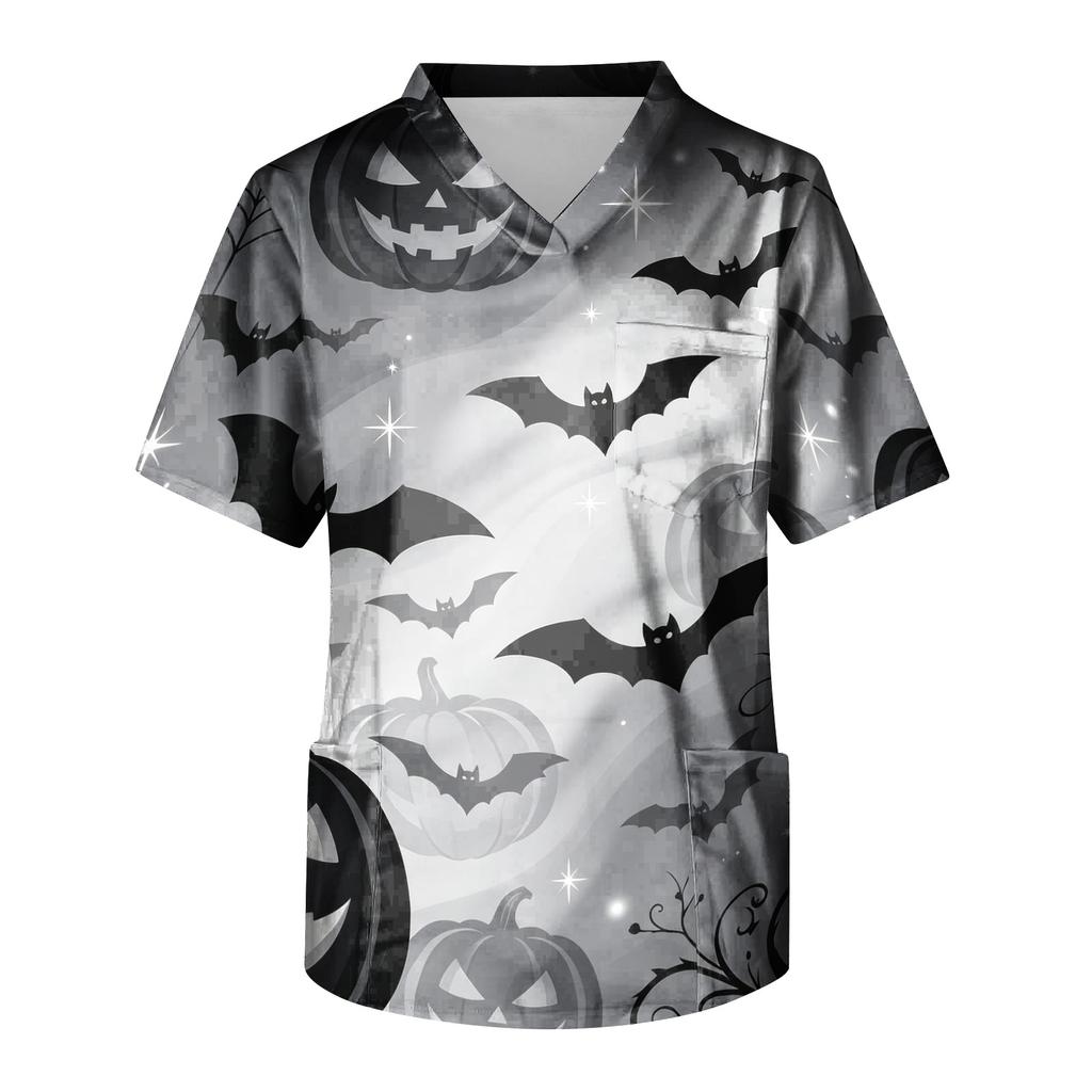 Men's Halloween Print Medical Scrub Top V Neck with Tie Pockets Comfortable Fit Daily Workwear for Healthcare Professionals