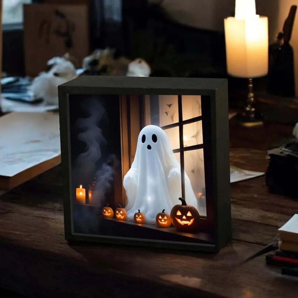 LED Halloween Night Light Wooden Ghost Painting Frame Lamp New Desktop Decor Ornaments  Gifts