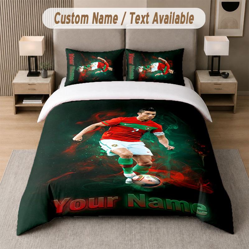Set Biancheria da Letto Personalizzato Modello Cristiano Ronaldo, Stampa Nome Testo 1 Copripiumino più 2 Federe Tessile per la Casa