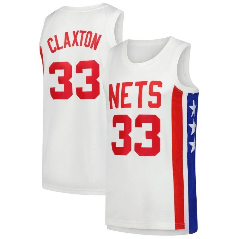 Basketball Jersey - White with Red & Blue Accents "Claxton 33" "NETS" Logo Retro Star-Striped Design Athletic Jersey