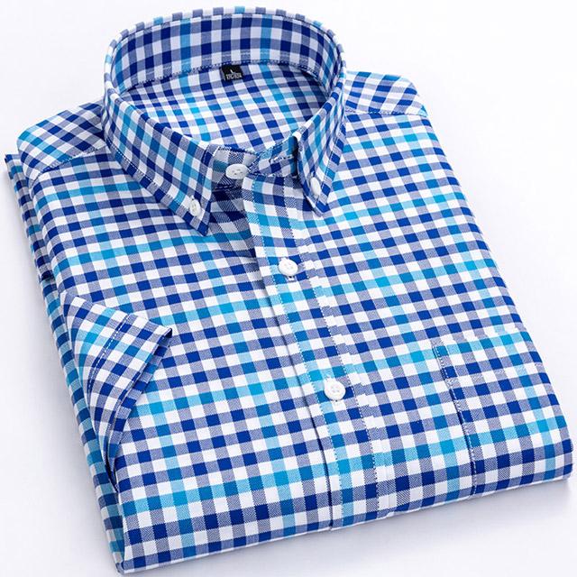 Men's Fashion Plaid Checkered Short Sleeve 100% Cotton Shirt Button-collar Holiday Youthful Striped Summer Casual Gingham Shirts