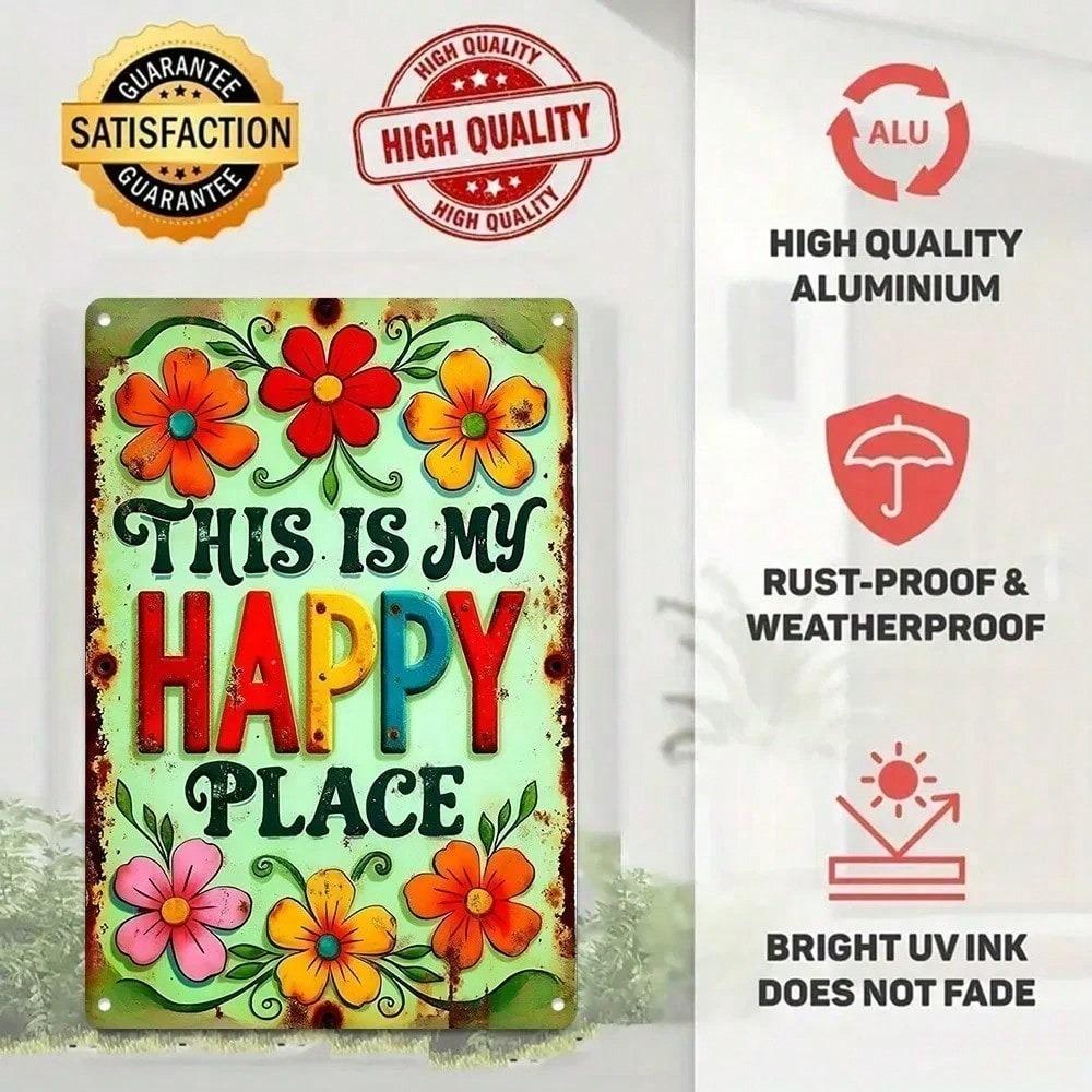 "Happy Place" Metal Wall Art Sign Waterproof Rustic Decor for Living Room
