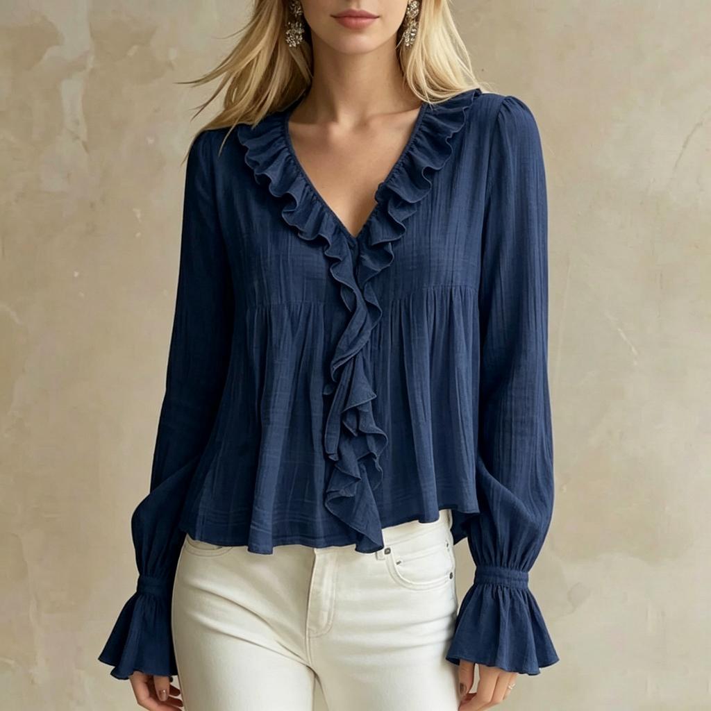 Damen Langarm Casual Bluse Lockerer Schnitt Rüschenbesatz V-Ausschnitt Hemd Glockenärmel Leichtes Oberteil für den Alltag