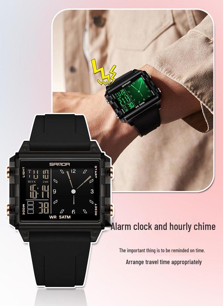 Sanda Transparent Electronic Square Watch with Large Dial for Students - Multifunctional Countdown Sports Wristwatch