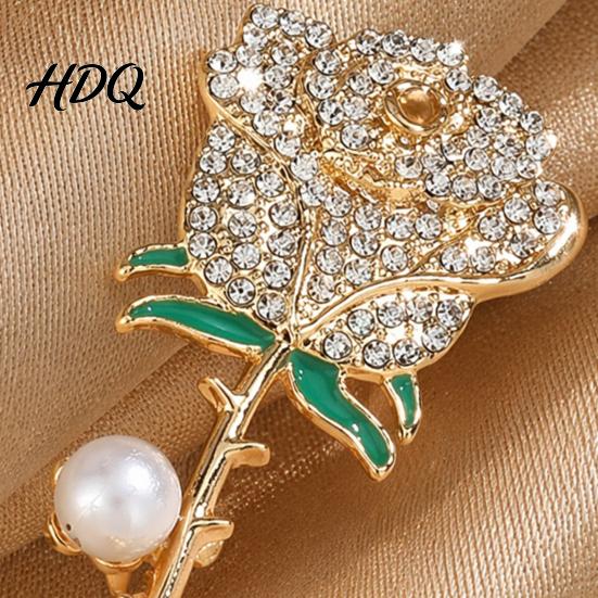 Fade Proof Rose Brooch Rhinestone with Pearl Decor Strong Buckle Pin Secure Clasp Alloy Elegant Flower Shape Pin for Coats Shirts Bags Accessories