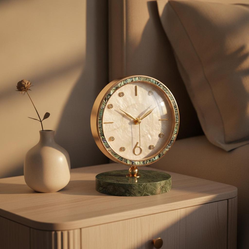 Clock with Marble Base Golden-Hued Decorative Desktop Marbled for Bedroom