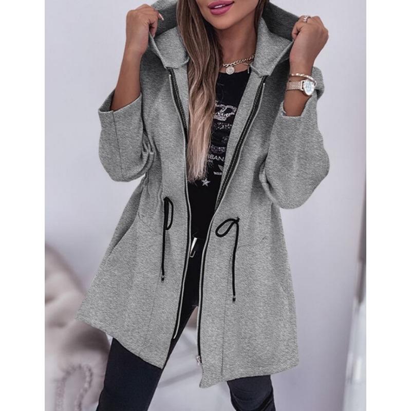 Dames S Capuchon Lange Mouw Tailleband Rits Effen Middellang Casual Jas