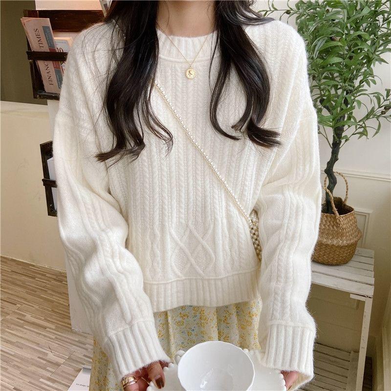 2023Vintage Fried Dough Twists Pulovr svetr pro ženy na podzim a zimu Korejský svetr s volným dlouhým rukávem úplety Top