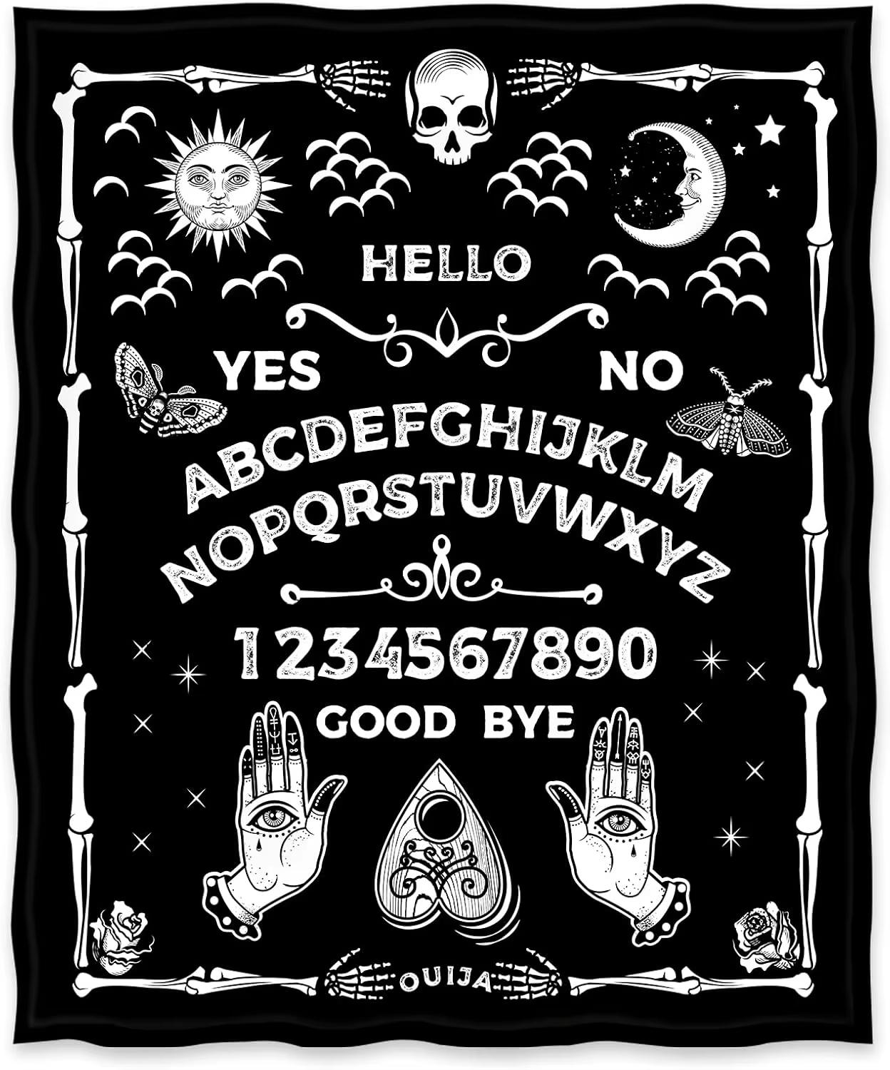 Ouija Board Throw Blanket - Gothic Witch Sun Moon Skull Blanket, Black | Spooky Horror Decor for Bedroom & Dorm 75cmx90cm