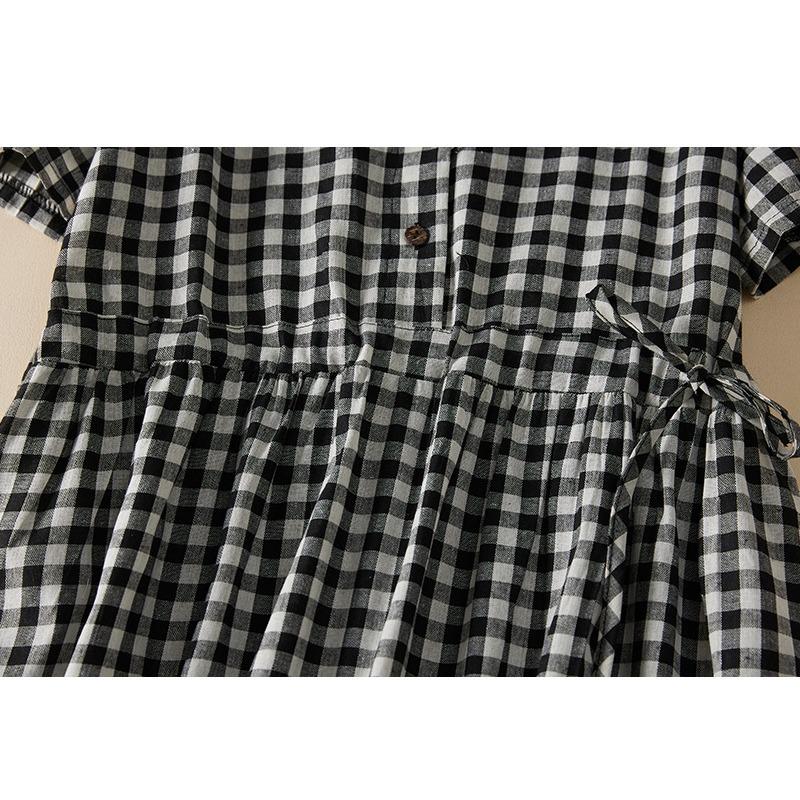 Cămașă de vară din bumbac cânepă artă retro largă cu cravată în talie, rochie de lungime medie pentru femei