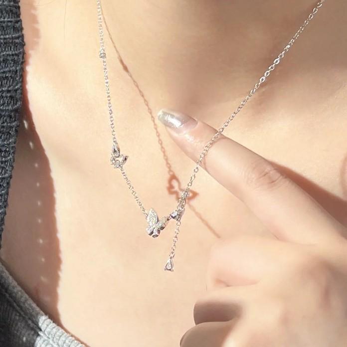 S925 Sterling Silver Diamond Butterfly Tassel Necklace Women's Cold Wind Fashionable Luxury Niche Collarbone Chain Accessories