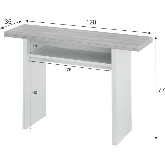 TAVOLO Folding Side Table / Console - Concrete Gray Melamine - L 120 X D 35/70 X H 75/77 Cm