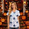 Damen V-Ausschnitt Kurzarm Kasack mit Taschen Halloween-Print Pflegekraft Uniform