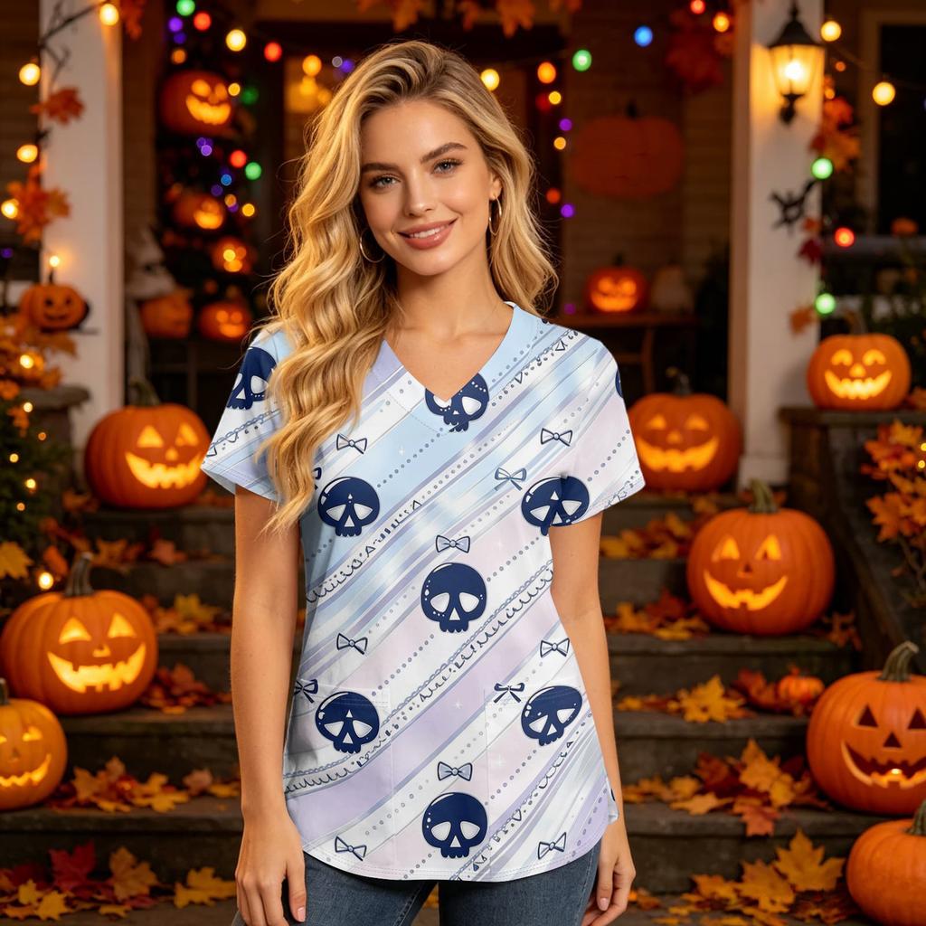 Damen V-Ausschnitt Kurzarm Kasack mit Taschen Halloween-Print Pflegekraft Uniform