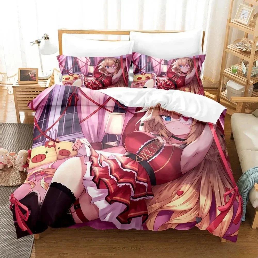 Kawaii Akai Haato Zestaw Pościeli Pojedynczy Bliźniak Pełny Queen King Size Zestaw na Łóżko Sypialnia dla Dorosłych Dzieci Zestawy Poszewek na Kołdrę z Nadrukiem 3D Łóżko Anime