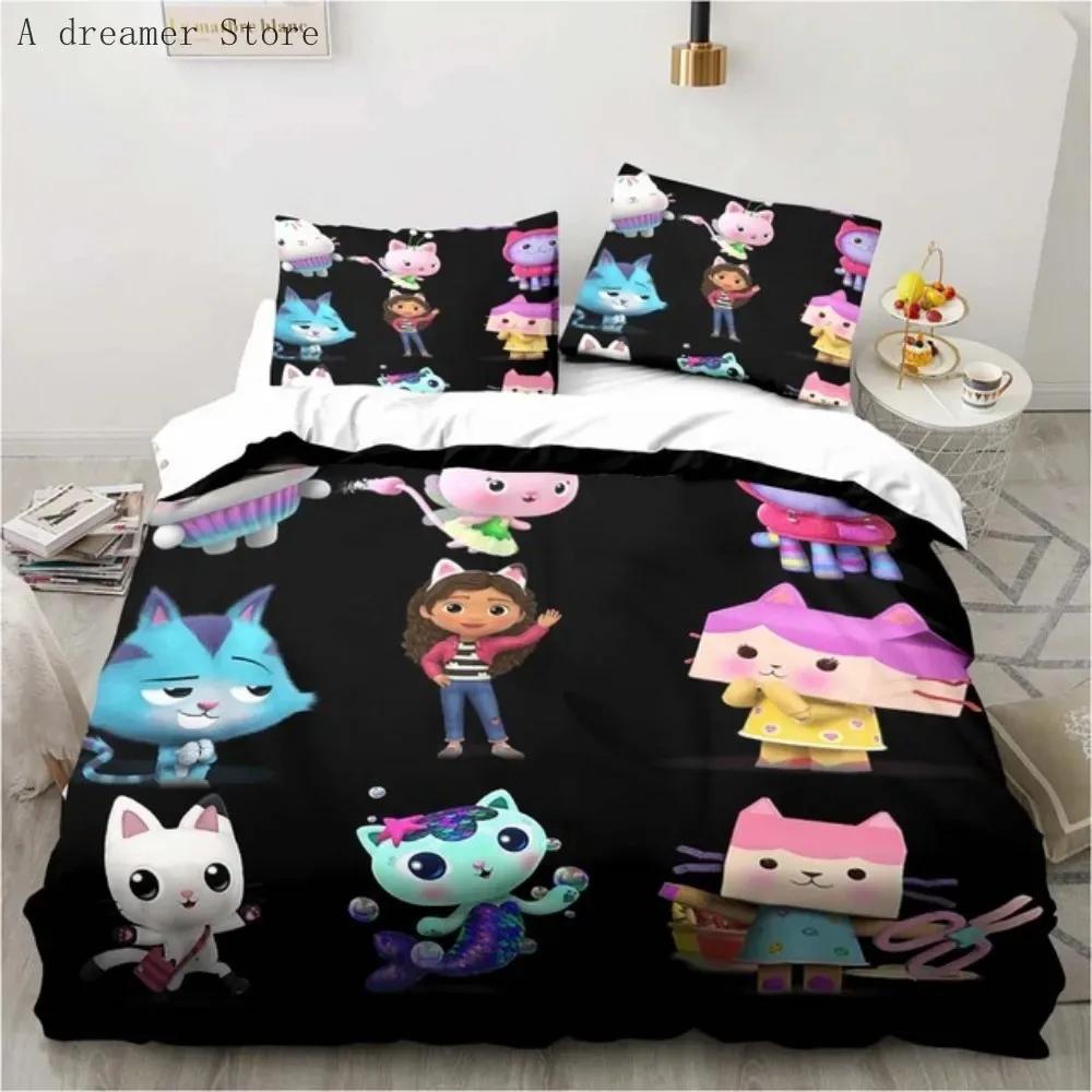 Gabbys Dollhouse Characters Bedding Set Cartoon Duvet Cover Pink Bedclothes Single Double Queen King Size For Girl Bed Set