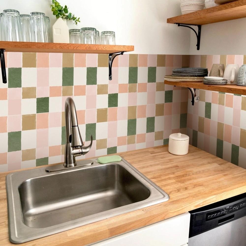 10Pcs Retro Pink&Green Vinyl Tile Stickers PVC Wear-resistant Wall Stickers DIY Peel&Stick Backsplash Panel Home Decor