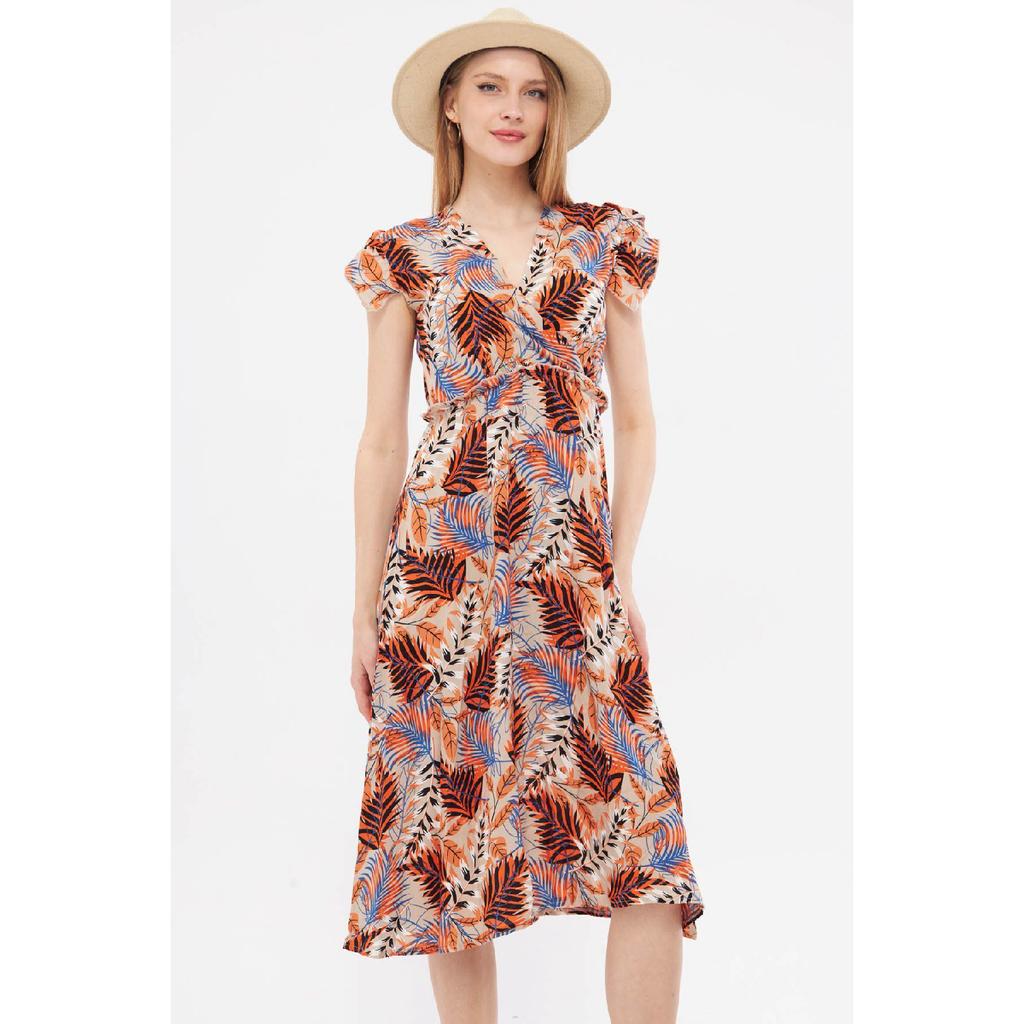 Vestido midi beige para mujer, cuello cruzado, volantes en los hombros, cintura elástica, largo midi, mangas 24y001020