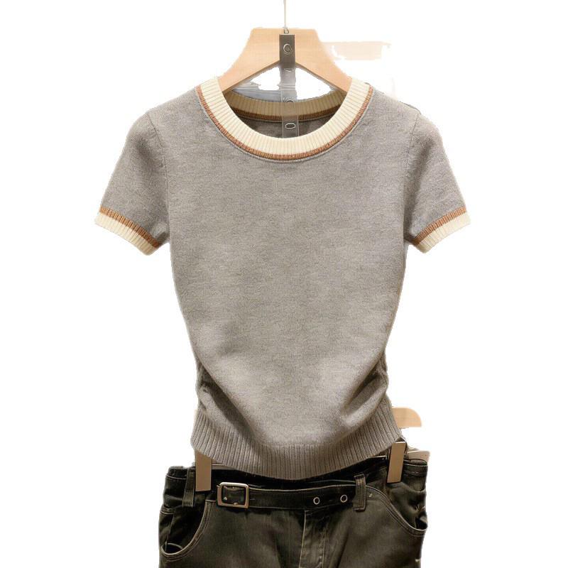 Women's Knitted Short-Sleeve Slimming Sweater: 2026 Spring/Summer Fashion Round Neck