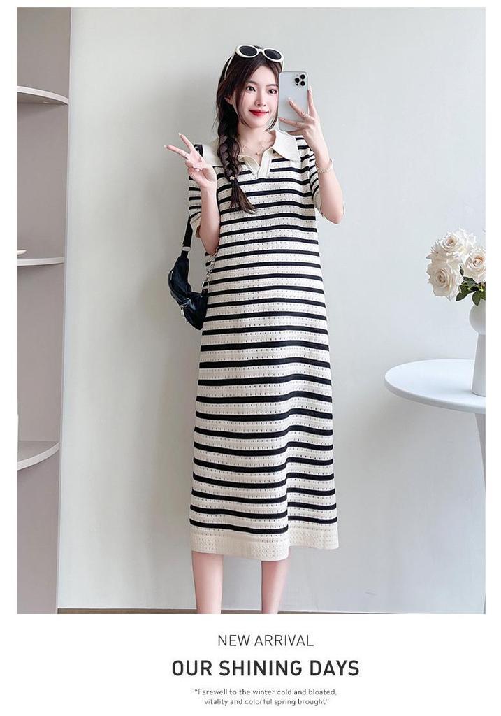 2026 Summer Striped Knit V-Neck Mid-Length Maternity Dress