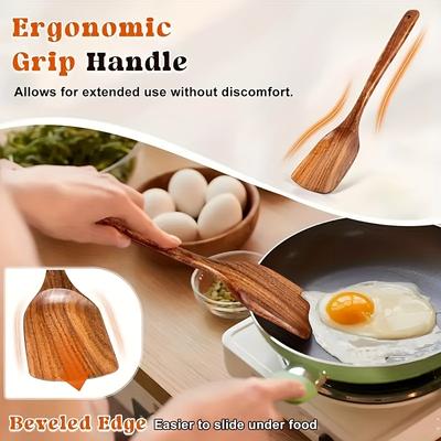 Set de 5 Ustensiles de Cuisine en Bois, Cuillères Spatules Louches en Bois de Teck Naturel, Outils de Cuisson Sûrs Anti-adhésifs pour la Cuisine Maison